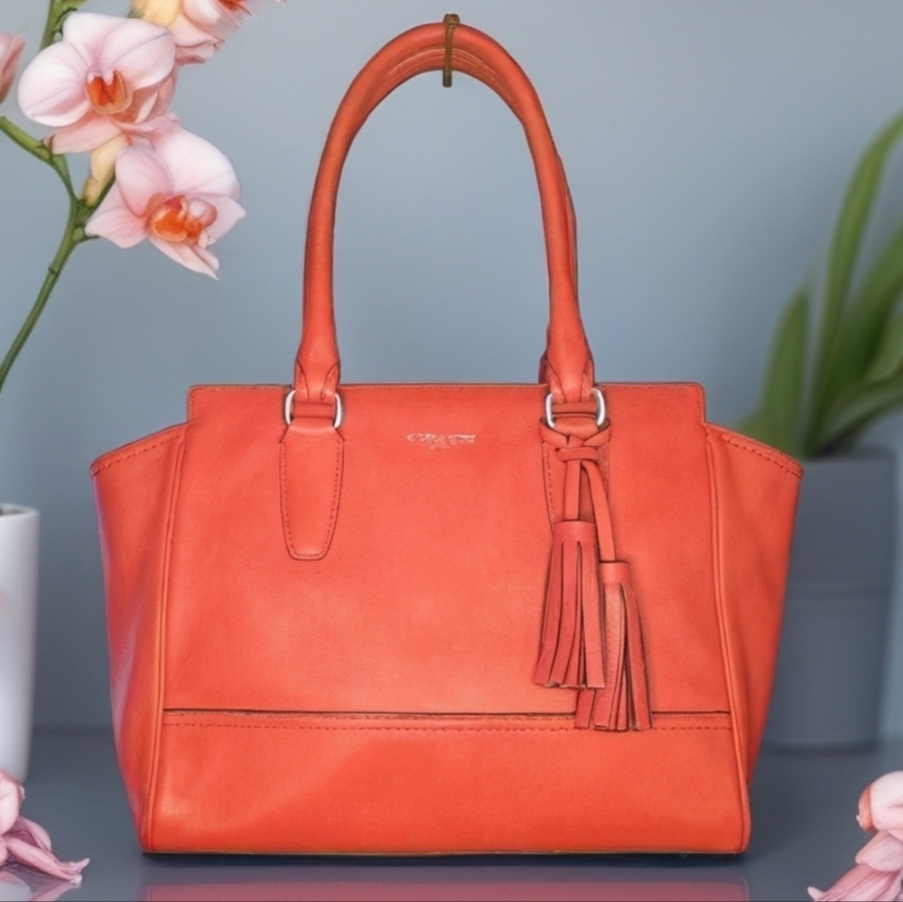 Coach Legacy Candace Red Orange Leather Tote Bag With Tassels. Hand Bag